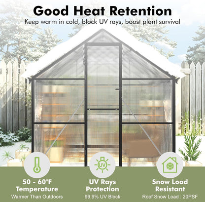 JAIOO 6x8FT Polycarbonate Greenhouse with Aluminum Frame